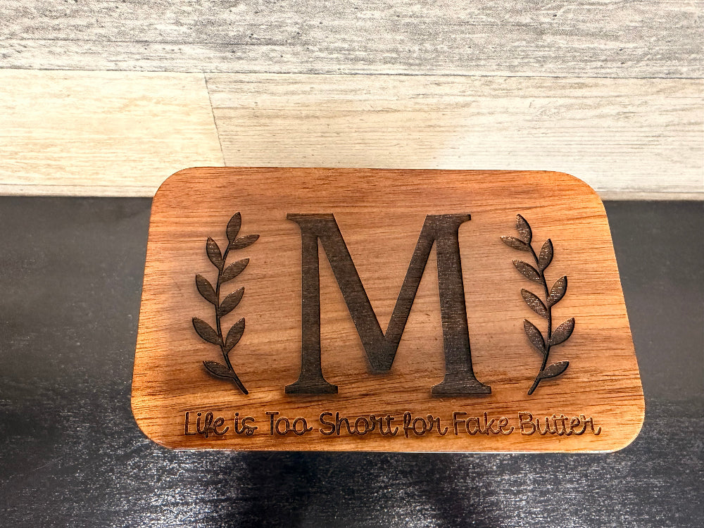 Wooden lid butter dish with personalized monogram