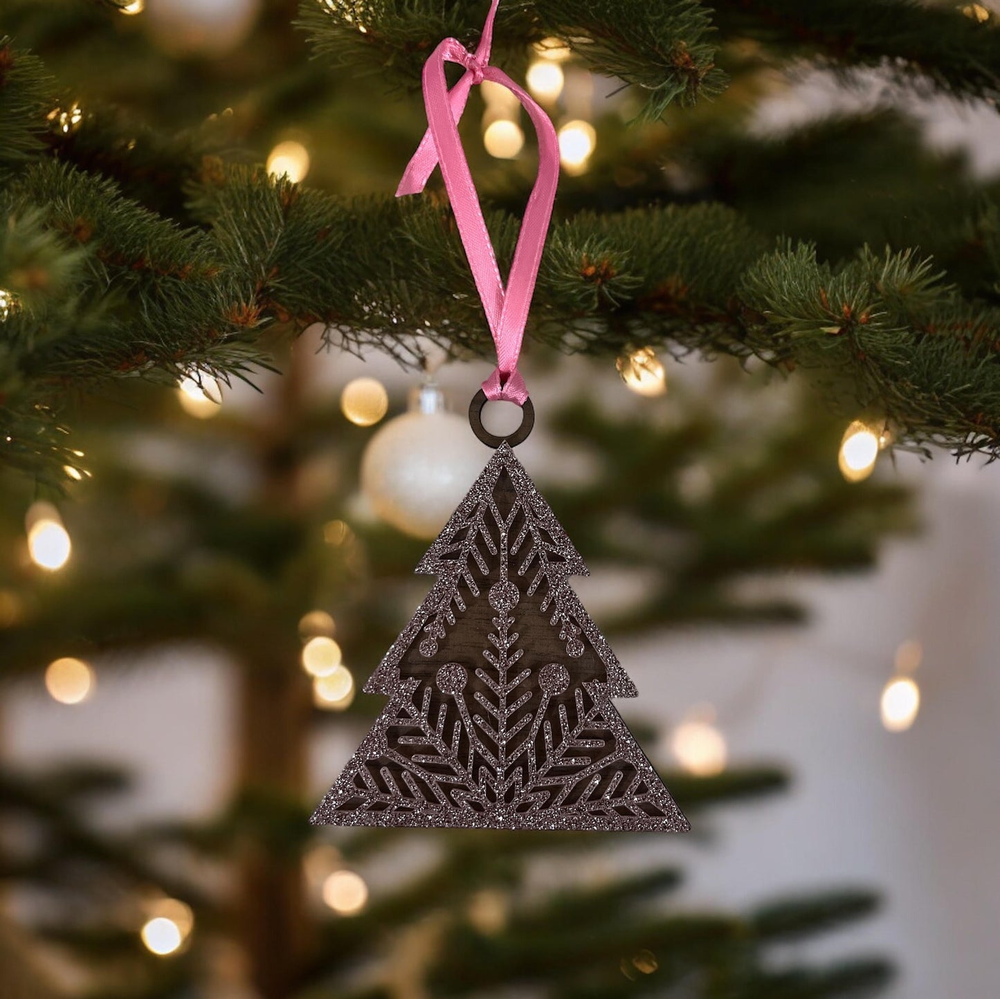 Pink Glitter Acrylic and Wood Tree Ornament