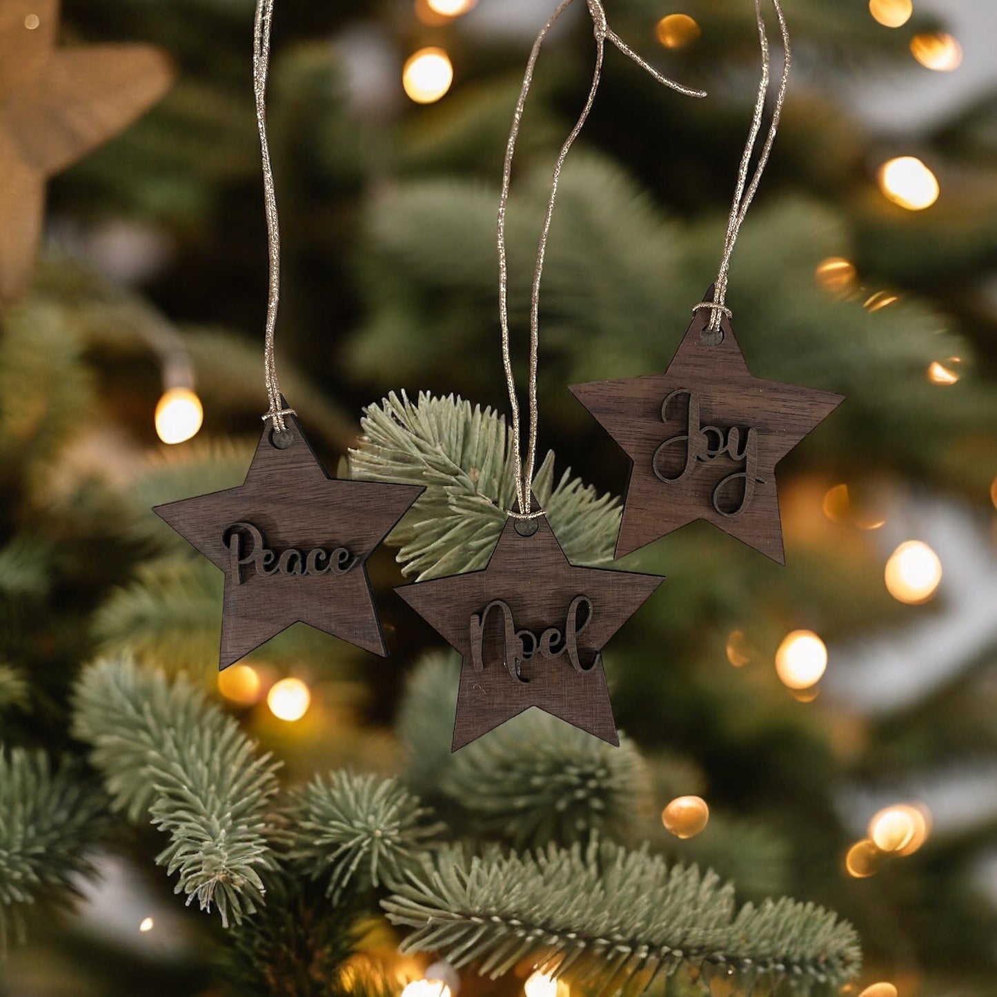 Peace Noel Joy Wood Star Ornaments