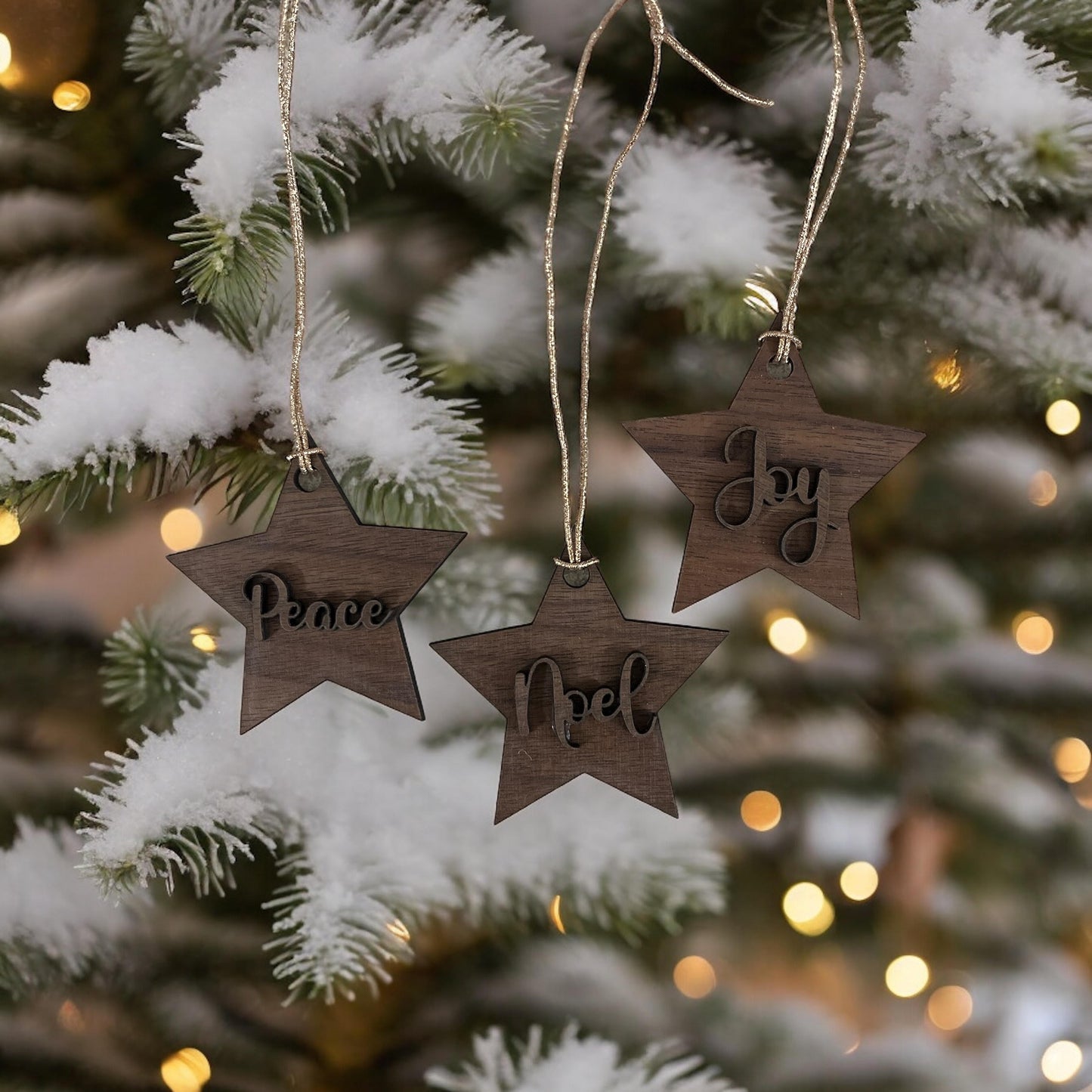 Peace Noel Joy Wood Star Ornaments