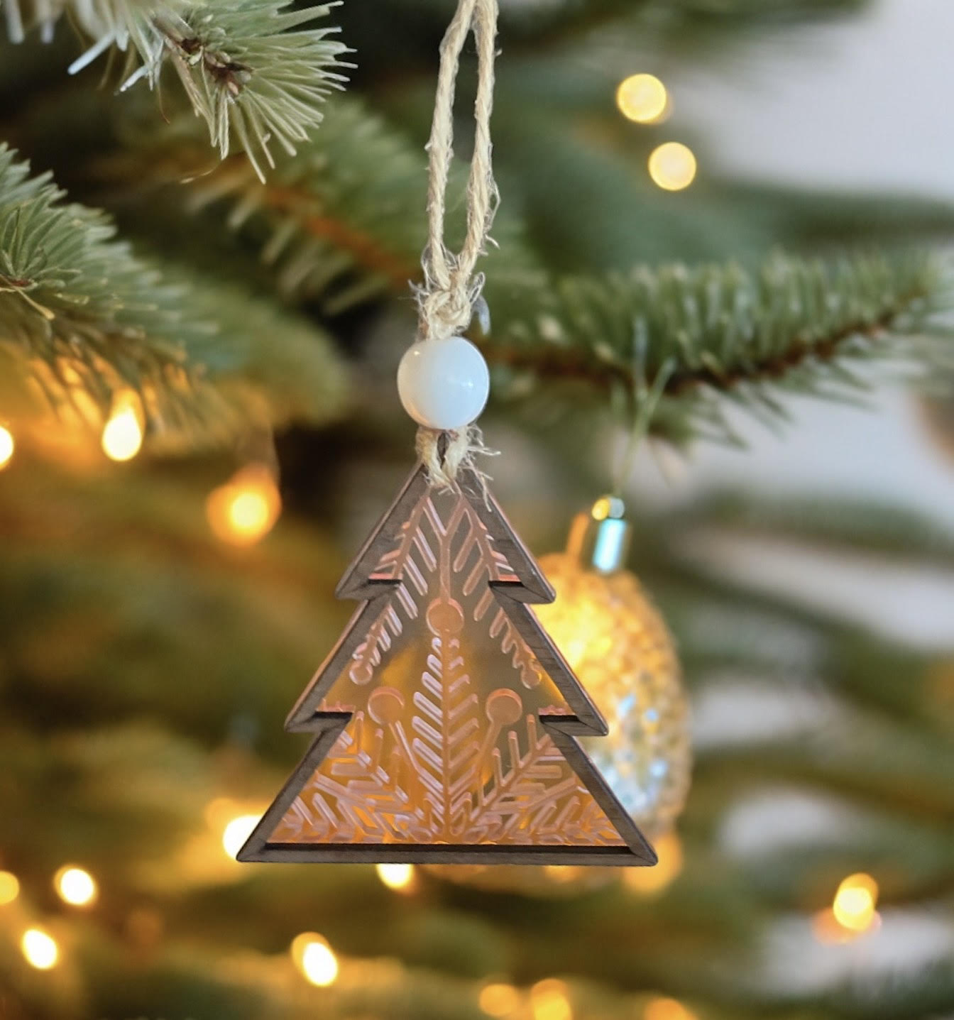 Wood and Clear Pink Acrylic Tree Ornament